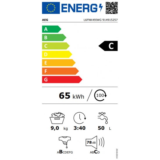 Aeg L6FNK49IWG Πλυντήριο Ρούχων με ΑΤΜΟ 9kg 1400στρ C CLASS ME INVERTER ΚΙΝΗΤΗΡΑ