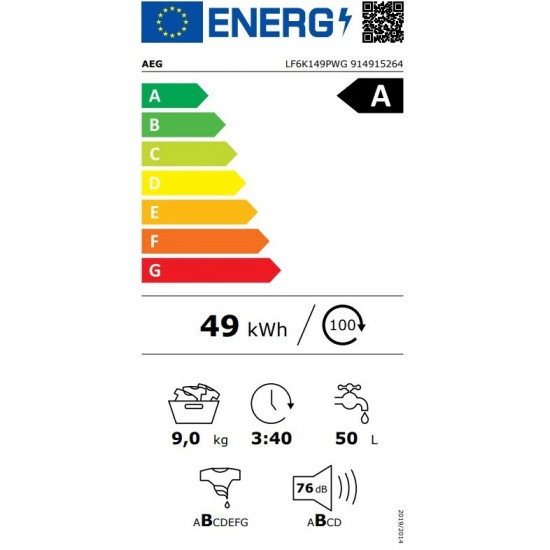 Aeg LF6K149PWG Πλυντήριο Ρούχων (9kg) με Λειτουργία Ατμού 1400rpm ,με 5 χρονια εγγυηση