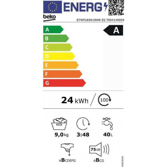 Beko B7WFU69418WBES Πλυντήριο Ρούχων 9kg 1400 Στροφών, Α-50%,ProSmart™ Inverter Motor ,AquaTech™ ,Steamcure with Refreshment,OptiSense®
