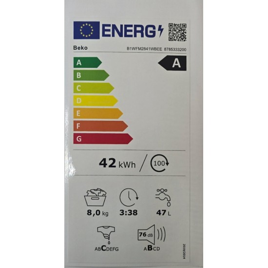 Beko B1WFM2841WBEE Πλυντήριο Ρούχων 8kg ,ατμου, Inverter 1400 Στροφών