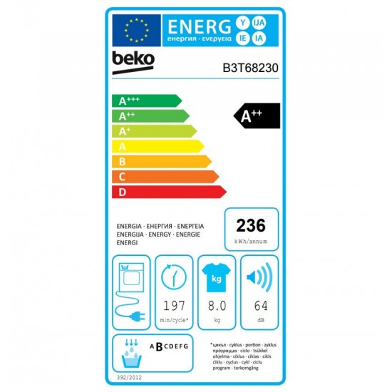 BEKO B3T68230 Στεγνωτήριο 8kg A++ με Αντλία Θερμότητας , SteamCure / Recycled Dry, 15 Προγράμματα,3 χρονια εγγυηση