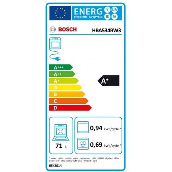 Bosch HBA534BW3 Φούρνος άνω Πάγκου 71lt Λευκός,3D Hotair,EcoClean Direct,Βυθιζόμενοι διακόπτες