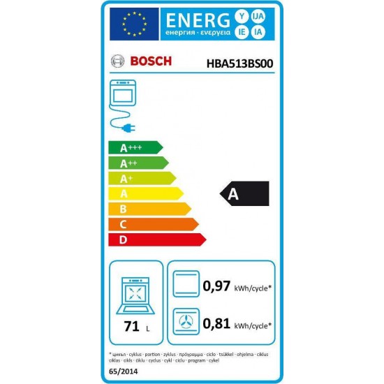 Bosch HBA513BS00 Φούρνος Άνω Πάγκου (71lt) Inox Α,3D Hotair Plus,5 λειτουργίες,Βυθιζόμενοι διακόπτες