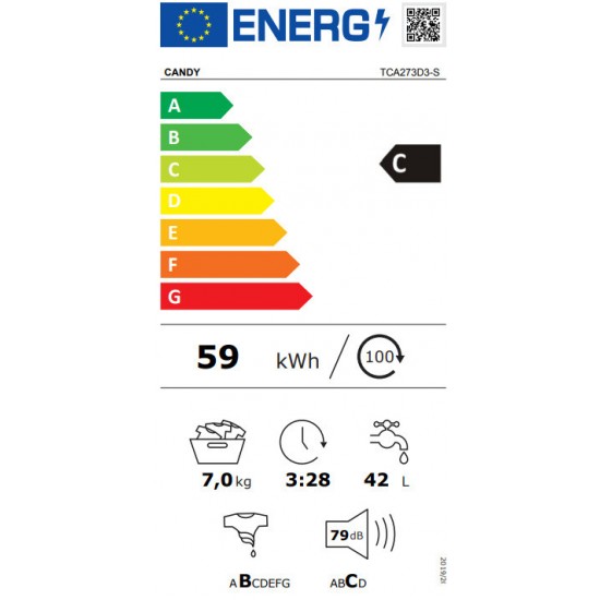 Candy TCA273D3-S Πλυντήριο Ρούχων 7kg 1200 Στροφών,Wi-Fi, Bluetooth,ProWash 300,AI Weight Sense,,