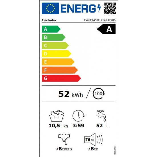 Electrolux EW6F9452E Πλυντήριο 10.5kg 1400 Στροφών,Κινητήρας: Permanent Magnet,FullWash 45',AI WashAssist,
