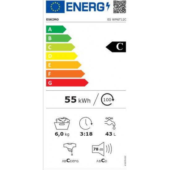 Eskimo ES WM6T12C ,Πλυντήριο Ρούχων (6kg) Λευκό 1200rpm,20 Προγράμματα,γρήγορη πλύση 15΄ & 45΄ Eskimo ES WM6T12C ,Πλυντήριο Ρούχων (6kg) Λευκό 1200rpm,20 Προγράμματα,γρήγορη πλύση 15΄ & 45΄