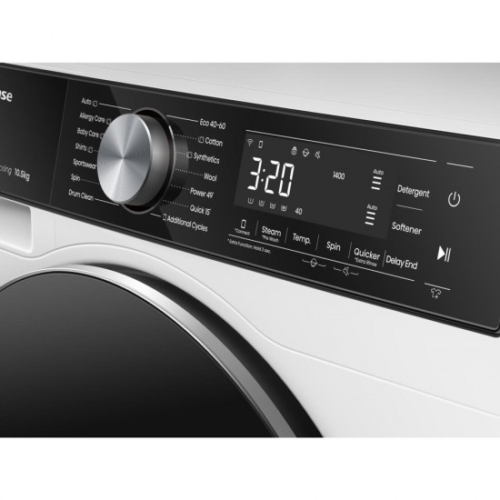Hisense WF5S1045BW Πλυντήριο Ρούχων 10.5kg ατμου,1400 Στροφών,Inverter Motor ,Wi-Fi,SterilTub,Αυτόματη Δοσολογία,Quick Wash (15’) / Power (49’):