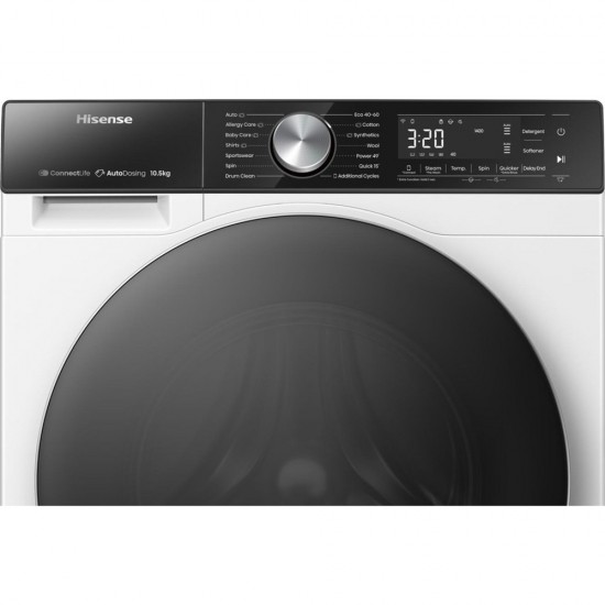 Hisense WF5S1045BW Πλυντήριο Ρούχων 10.5kg ατμου,1400 Στροφών,Inverter Motor ,Wi-Fi,SterilTub,Αυτόματη Δοσολογία,Quick Wash (15’) / Power (49’):
