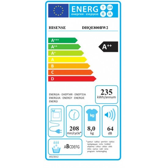 Hisense DHQE800BW2 Στεγνωτήριο Ρούχων 8kg A++ με Αντλία Θερμότητας Hisense DHQE800BW2 Στεγνωτήριο Ρούχων 8kg A++ με Αντλία Θερμότητας