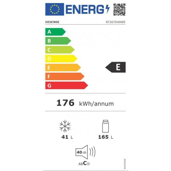 Hisense RT267D4AWE Δίπορτο Ψυγείο 206lt Υ143.6xΠ55xΒ54.2cm Λευκό,στατικη ψυξη Hisense RT267D4AWE Δίπορτο Ψυγείο 206lt Υ143.6xΠ55xΒ54.2cm Λευκό,στατικη ψυξη