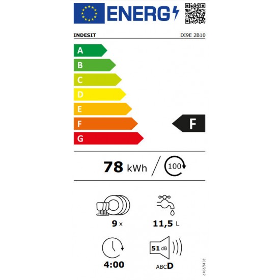 Indesit DI9E2B10,Πλήρως Εντοιχιζόμενο  44.8cm για 9 Σερβίτσια 