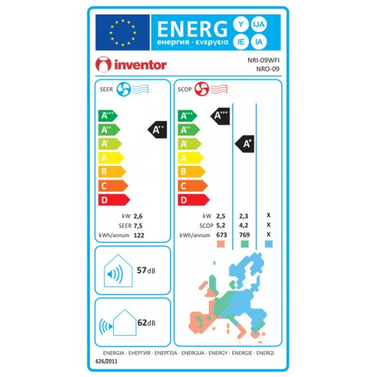 Inventor NRI-09WFI/NRO-09,Nura,All DC Inverter ,9000 BTU A++/A+++ με Ιονιστή και Wi-Fi, 4-way Air Flow,