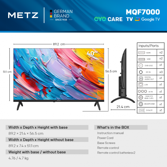 METZ 40MQF7000Z ,40" Inches, QLED FULL HD,Google TV ,WiFi,Smart TV.ΜΕ 5 ΧΡΟΝΙΑ ΕΓΓΥΗΣΗ