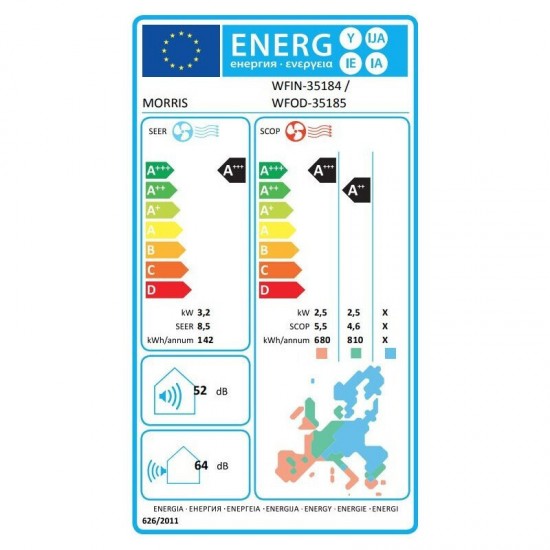 Morris WFIN-35184/WFOD-35185,Nivora Series, Κλιματιστικό12000 BTU, ALL DC Inverter ,Gold Fin, A+++/A+++ με Wi-Fi ,