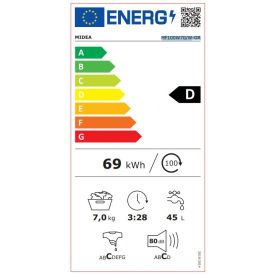 Midea MF100W70/W-GR Πλυντήριο Ρούχων 7kg 1200 Στροφών