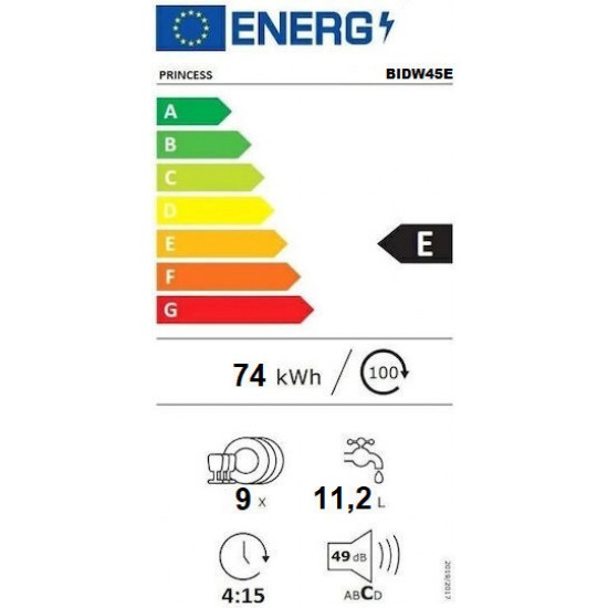 Princess BIDW45E Εντοιχιζόμενο Πλυντήριο Πιάτων για 9 Σερβίτσια 45cm Inox  A++.,8 Προγράμματα