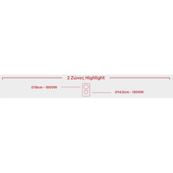 Pyramis PHC31210FMB Αυτόνομη Κεραμική Εστία Domino,2 Ζώνες highlights ∅18cm – 1800W, ∅14,5cm – 1200W