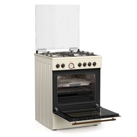 THERMOGATZ ΚΟΥΖΙΝΑ TGS 4320,Rustic Beige,TURBO fan,,ΜΙΚΤΗ,Φούρνος ηλεκτρικός και 4 εστίες αερίου,Ταψί AIRFRYER Φούρνου
