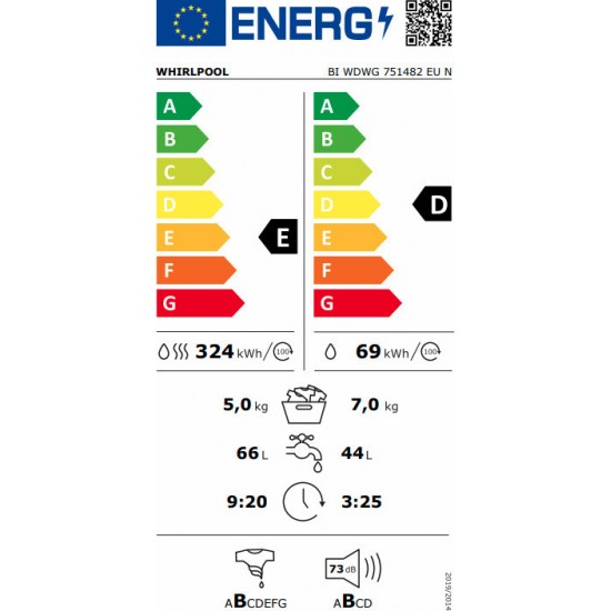 Whirlpool BI WDWG 751482 EU Πλυντήριο Στεγνωτήριο Ρούχων 7kg / 5kg 1400 Στροφές