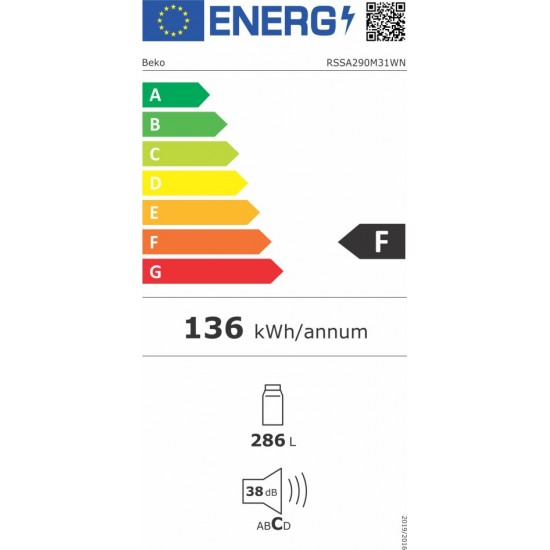  Beko RSSA290M31WΝ Ψυγείο Συντήρησης Μονόπορτο (290lt) Λευκό Low Frost A+ (151x60x60)